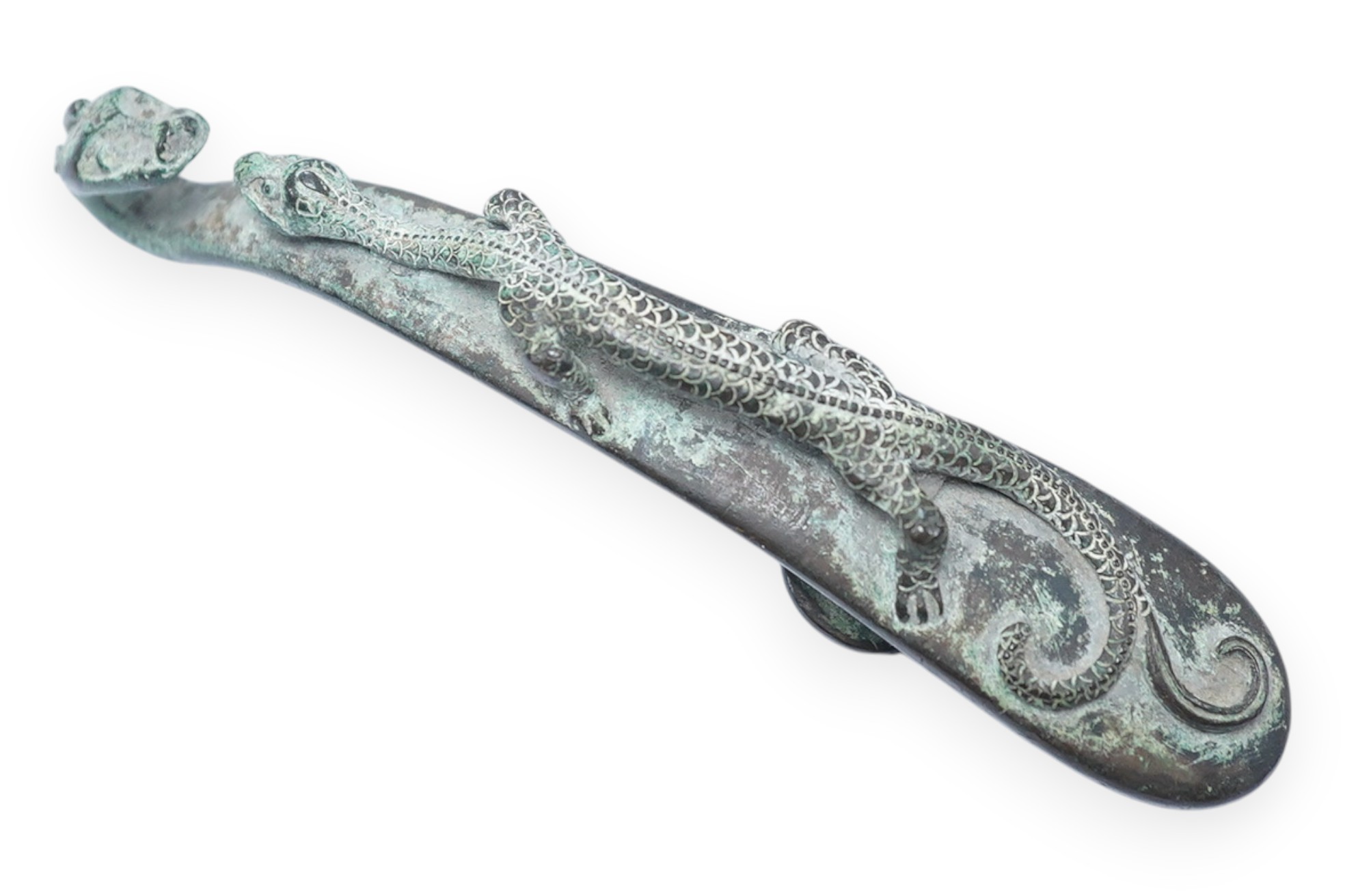 A Chinese bronze belt hook, Song Dynasty or later, 13.5cm wide. Condition - good condition for age